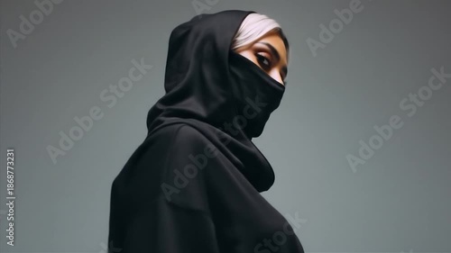 A woman in a black hooded garment, face mostly obscured. Eyes are visible with intense makeup, against a gray backdrop