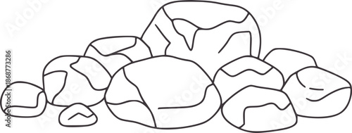 Minimalist black and line of scattered smooth rocks stones pebbles