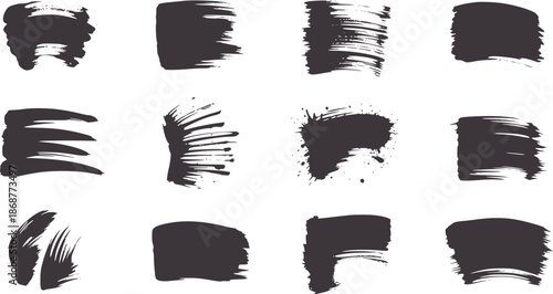 Twelve distinct black ink brush strokes texture