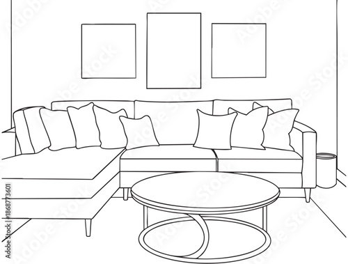 Interior design with modern living room in black sketch line on white background. Line drawing of Living room with modern furniture editable stroke. Living room line. Modern interior and furniture.