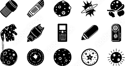 Black and white space icons set on a white background for design elements

