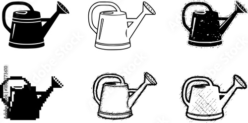 Set of six watering can icons: silhouette, outline, grunge, pixel, sketch, hand drawn styles
