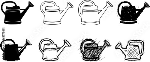 Set of six watering can icons: silhouette, outline, grunge, pixel, sketch, hand drawn styles
