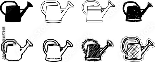 Set of six watering can icons: silhouette, outline, grunge, pixel, sketch, hand drawn styles
