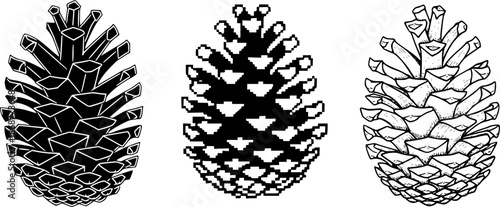 Variety of pine cone designs: geometric, pixel, and hand-drawn styles
