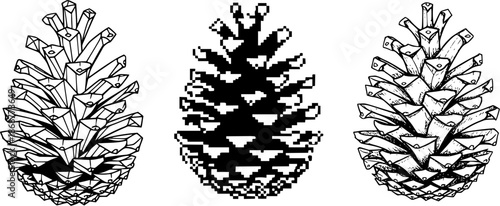 Variety of pine cone designs: geometric, pixel, and hand-drawn styles
