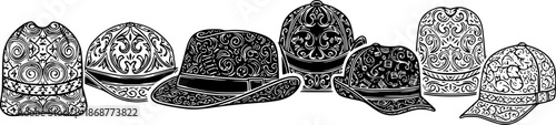 Engraved hats illustration in a row, perfect for vintage or retro designs
