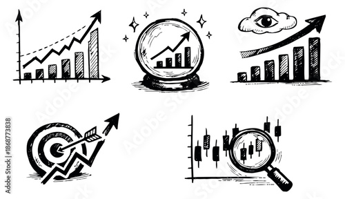 Hand drawn line art business analytics set featuring charts, a target, and a crystal ball for financial strategy and forecasting