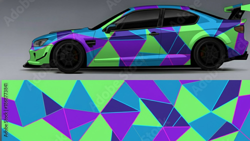 Customized sports car with a vibrant geometric triangle pattern wrap in blue, green, and purple colors.