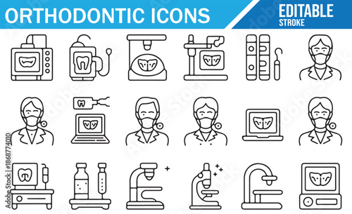 Linear Style Icons for Dental Health and Teeth Straightening