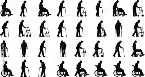 Elderly people mobility silhouette set, seniors walking with cane walker wheelchair, aging support, healthcare assistance, rehabilitation concept illustration