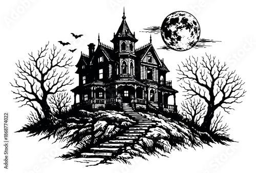 Hand drawn line art illustration of a haunted mansion depicting a spooky house on a hill with bare trees, flying bats, and a full moon for Halloween celebrations