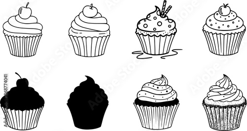 Black and white cupcake icons in various artistic styles

