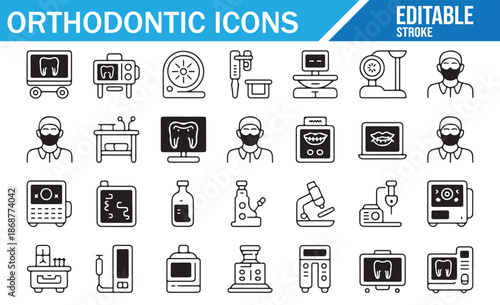 Thin Line Icons for Dental Clinic and Orthodontic Treatment