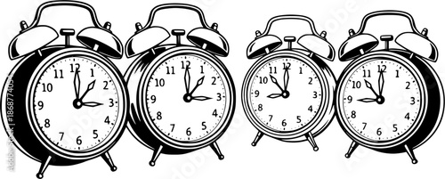 Vintage alarm clocks in a row, black and white illustration
Vintage alarm clocks in a row, black and white illustration
