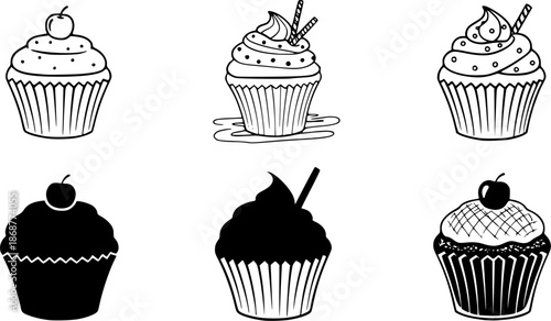 Black and white cupcake icons in various artistic styles
