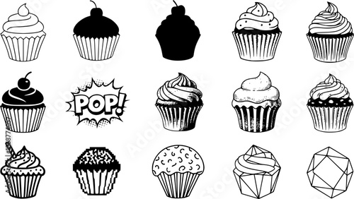 Black and white cupcake icons in various artistic styles
