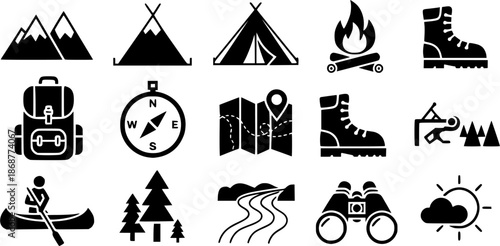 Outdoor adventure icons in a simple, clean, and modern style
