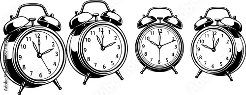 Vintage alarm clocks in a row, black and white illustration
Vintage alarm clocks in a row, black and white illustration
