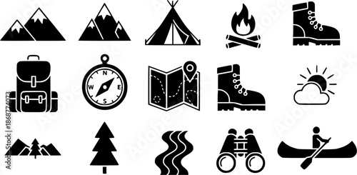 Outdoor adventure icons in a simple, clean, and modern style
