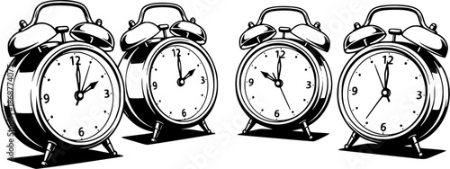 Vintage alarm clocks in a row, black and white illustration
Vintage alarm clocks in a row, black and white illustration
