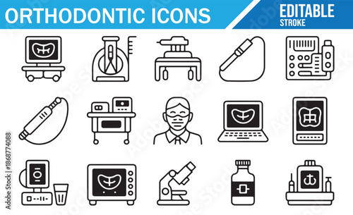 Vector Set of Dentist, X-ray, and Braces Line Icons
