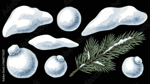 Watercolor winter elements with snowballs, snowdrifts, and fir branch on black

