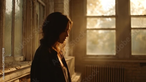 A woman in a dark jacket stands beside a weathered window in a room, bathed in warm light, contemplating