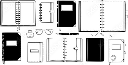 Notebooks and journals illustration in a clean, minimalist, and vintage style.
