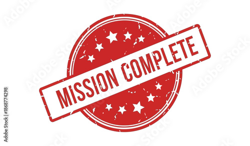 Red stamp with mission complete text on with stars