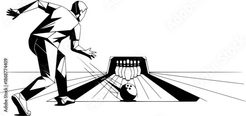 Geometric illustration of a bowler throwing a bowling ball towards pins
