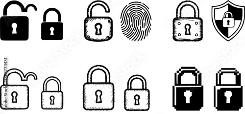 Various lock icon styles: flat, sketch, and pixel designs for security concepts
