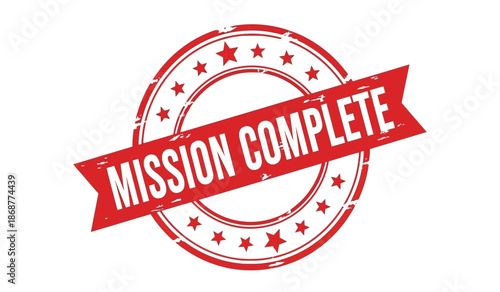 Red mission complete stamp on with stars and banner