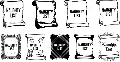 Variety of naughty list scroll designs in different art styles including sketch and pixel
