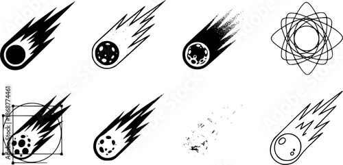 Set of comet icons in various artistic styles on white background
