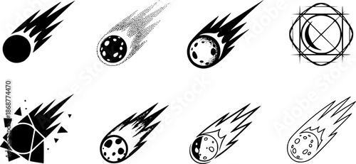 Set of comet icons in various artistic styles on white background
