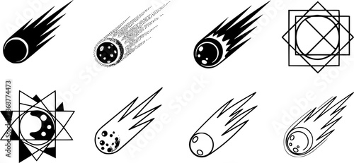 Set of comet icons in various artistic styles on white background
