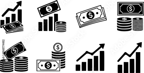 Financial icons representing money, savings, investments, and growth
