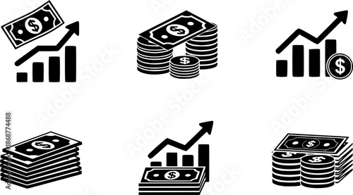 Financial icons representing money, savings, investments, and growth

