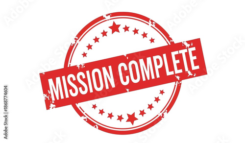 Red rubber stamp with mission complete text and stars