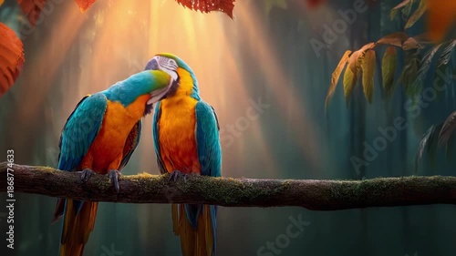 Two colorful parrots perched on a branch in a sunlit, lush forest setting