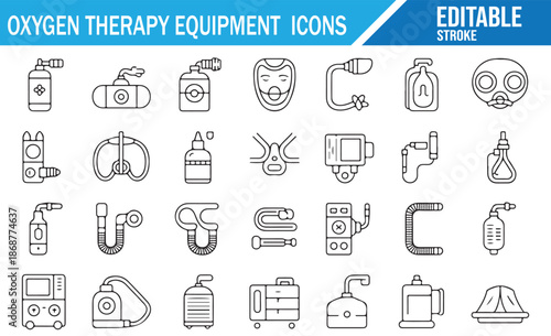 Set of Medical Icons for Breathing Aid and Oxygen Systems