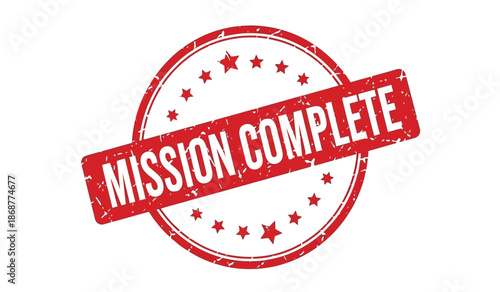 Red stamp with mission complete text on with stars