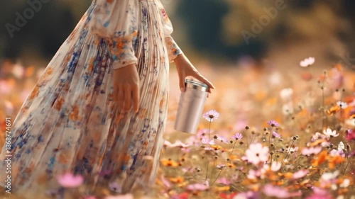 A woman in a floral patterned dress walks in a field of colorful wildflowers. The soft focus enhances the romantic and idyllic feel of the scene