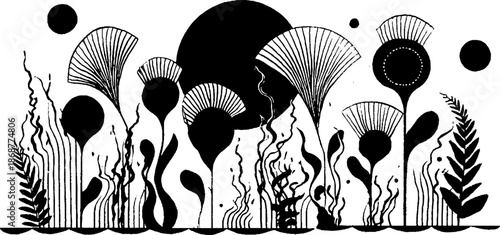 Abstract botanical landscape with stylized flora and bold circular motifs