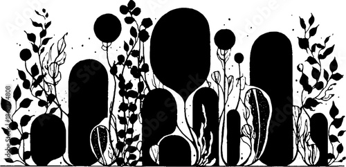 Abstract botanical silhouette of plants and leaves in black and white