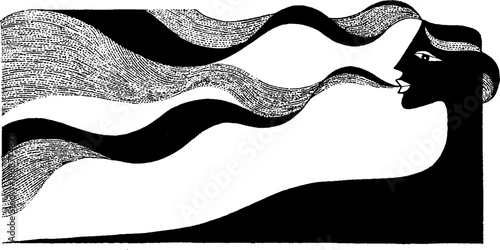 Abstract silhouette of female with flowing hair in black and white design
