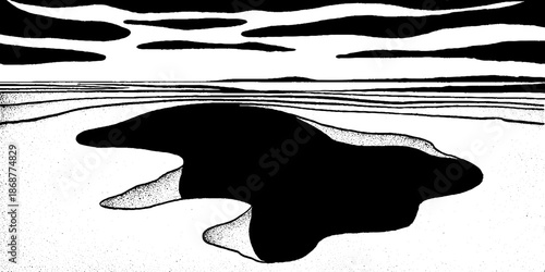 Surreal black and white landscape with clouds and water reflection