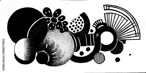 Abstract black and white geometric shapes with dotted texture