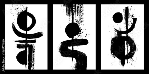 Abstract black ink brushstroke art panels with bold symbolic designs